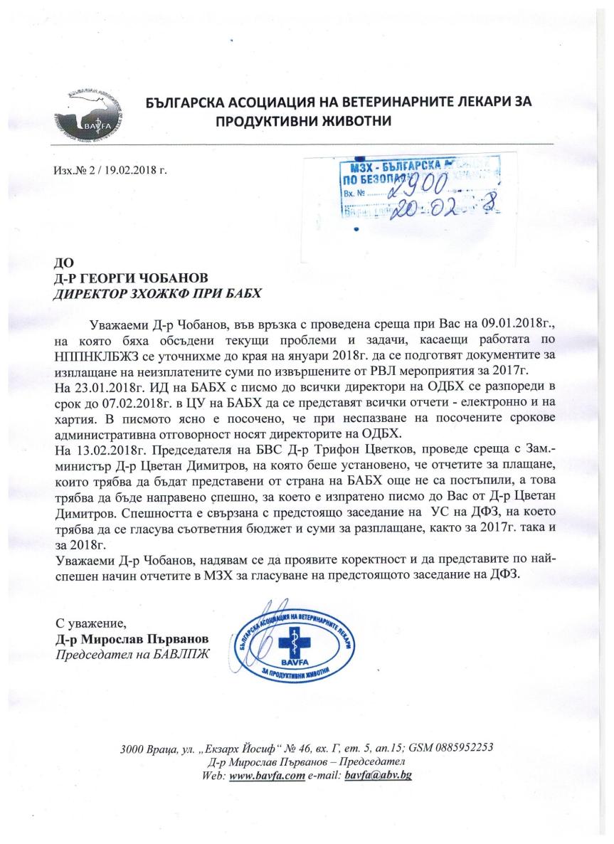 Писмо до Д-р Чобанов във връзка с плащане